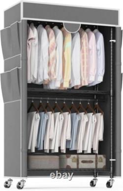 Armoire en toile en tissu robuste avec rail de suspension et étagères sur roulettes