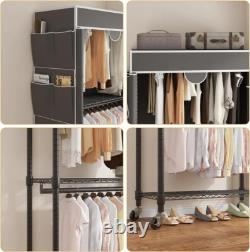 Armoire en toile en tissu robuste avec rail de suspension et étagères sur roulettes