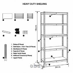 Étagère à rayonnage lourde 5 niveaux pour garage, unité de rangement étagères 180x90x40cm