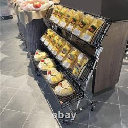 Étagère de magasin robuste à trois niveaux pour fruits et snacks avec roulettes