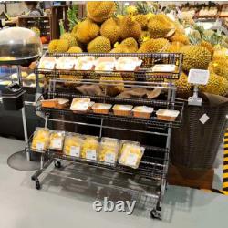 Étagère de magasin robuste à trois niveaux pour fruits et snacks avec roulettes