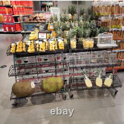 Étagère de magasin robuste à trois niveaux pour fruits et snacks avec roulettes