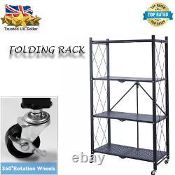 Étagère de rangement en métal à 4 niveaux robuste, unité de rangement pliable avec roulettes