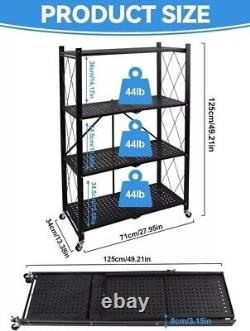 Étagère de rangement en métal à 4 niveaux robuste, unité de rangement pliable avec roulettes
