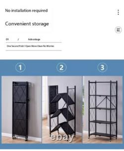 Étagère de rangement en métal à 4 niveaux robuste, unité de rangement pliable avec roulettes