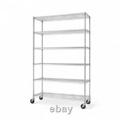 Étagère de rangement en métal chromé à 6 niveaux avec roues, étagères réglables robustes
