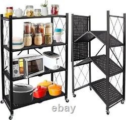 Étagère de rangement en métal pliable à 4 niveaux, robuste, avec roues, pour cuisine