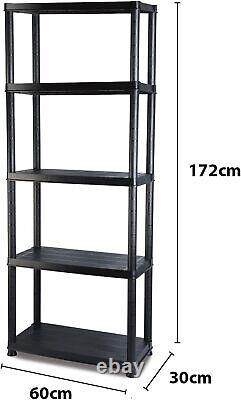 Étagère de rangement pour garage en plastique noir robuste 4/5 tablettes, unité réglable, 60cm de large