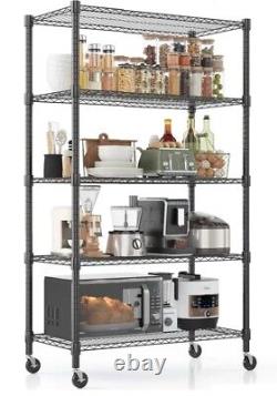 Étagères de rangement en métal à 5 niveaux, robustes, avec roues et pieds de nivellement