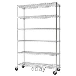 Nouveau rack de rangement en métal chromé à 6 niveaux avec roues, étagères réglables lourdes.