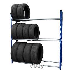 Rangement d'étagères à roues de 2 pneus dans un atelier de mécanique de garage lourd à 3 niveaux.