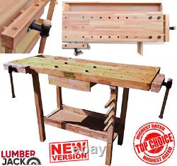 Table de travail en bois massif avec 7 étaux, un tiroir, un espace à outils, étagère, robuste, bricolage