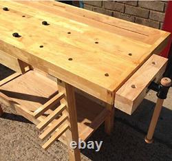 Table de travail en bois massif avec 7 étaux, un tiroir, un espace à outils, étagère, robuste, bricolage