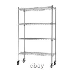 Unité de rangement à étagères en fil chromé 4 niveaux robuste avec roulettes réglables
