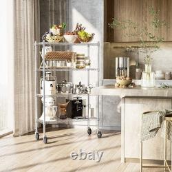 Unité de rangement à étagères en fil chromé 4 niveaux robuste avec roulettes réglables