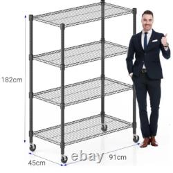Unités de rangement en métal à étagères réglables à 4 niveaux avec roues, support lourd.